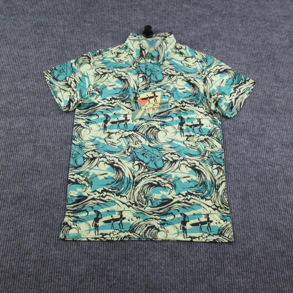 Retro Rifle Polo Shirt Mens L Blue Yellow Short Sleeve Graphic Print NWT